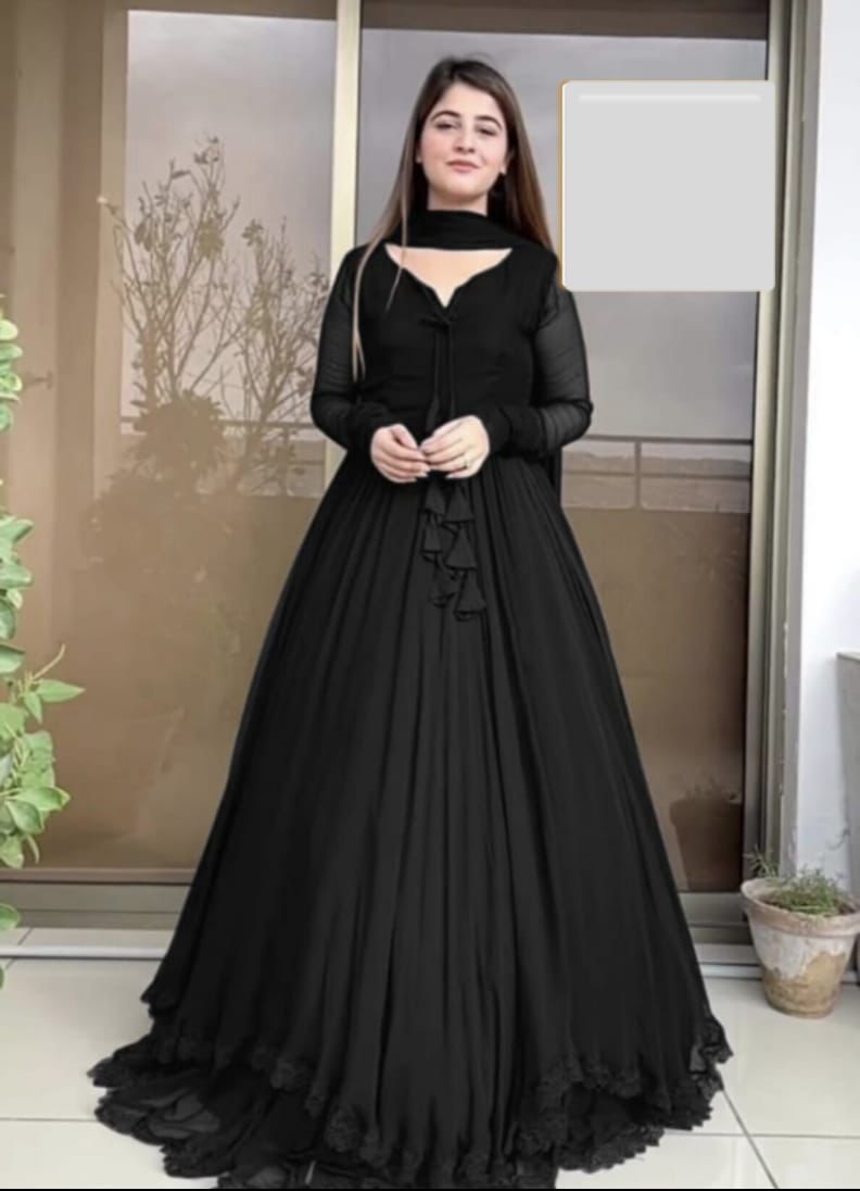New 3pc Two Layer Border chiffon Front & Back Lace work Long Flare Maxi Collection